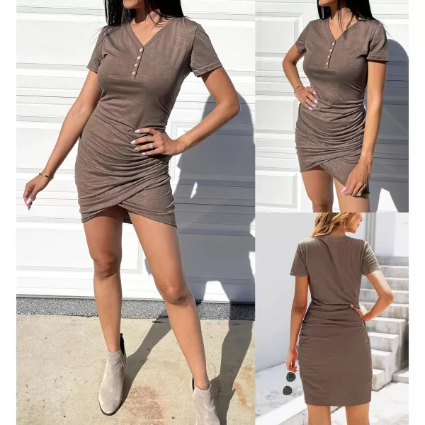 imageBTFBM Womens Summer Casual V Neck Short Sleeve Ruched Bodycon T Shirt Short Mini Dresses with ButtonsBrown