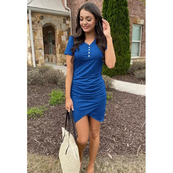 imageBTFBM Womens Summer Casual V Neck Short Sleeve Ruched Bodycon T Shirt Short Mini Dresses with ButtonsDark Blue