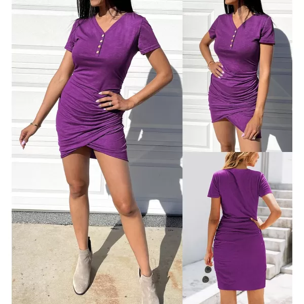 imageBTFBM Womens Summer Casual V Neck Short Sleeve Ruched Bodycon T Shirt Short Mini Dresses with ButtonsDark Purple