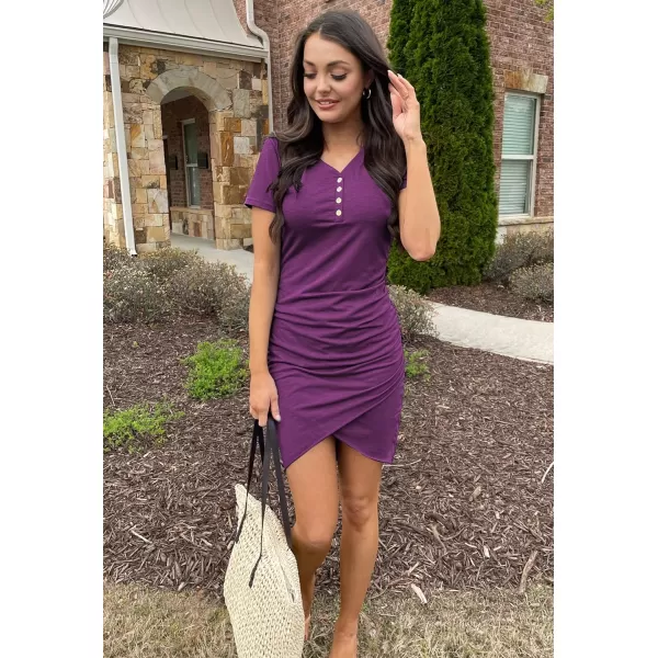 imageBTFBM Womens Summer Casual V Neck Short Sleeve Ruched Bodycon T Shirt Short Mini Dresses with ButtonsDark Purple