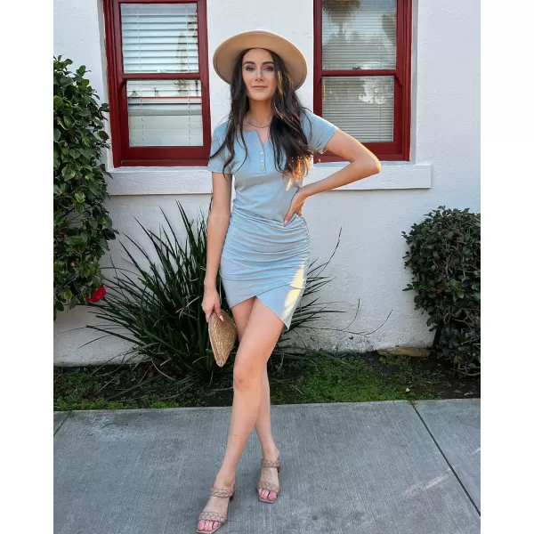 imageBTFBM Womens Summer Casual V Neck Short Sleeve Ruched Bodycon T Shirt Short Mini Dresses with ButtonsGrey Blue