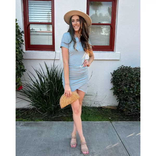 imageBTFBM Womens Summer Casual V Neck Short Sleeve Ruched Bodycon T Shirt Short Mini Dresses with ButtonsGrey Blue