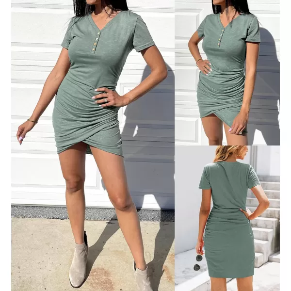 imageBTFBM Womens Summer Casual V Neck Short Sleeve Ruched Bodycon T Shirt Short Mini Dresses with ButtonsGrey Green