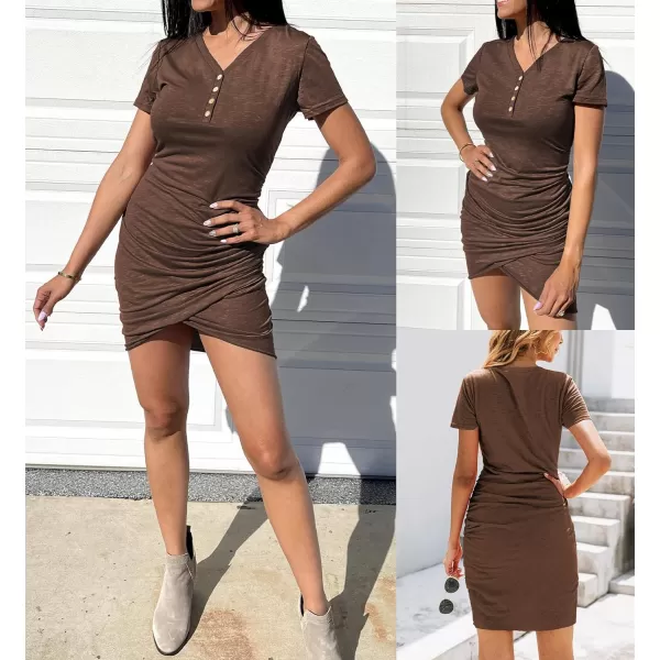 imageBTFBM Womens Summer Casual V Neck Short Sleeve Ruched Bodycon T Shirt Short Mini Dresses with ButtonsKhaki