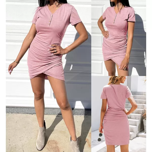 imageBTFBM Womens Summer Casual V Neck Short Sleeve Ruched Bodycon T Shirt Short Mini Dresses with ButtonsLight Pink