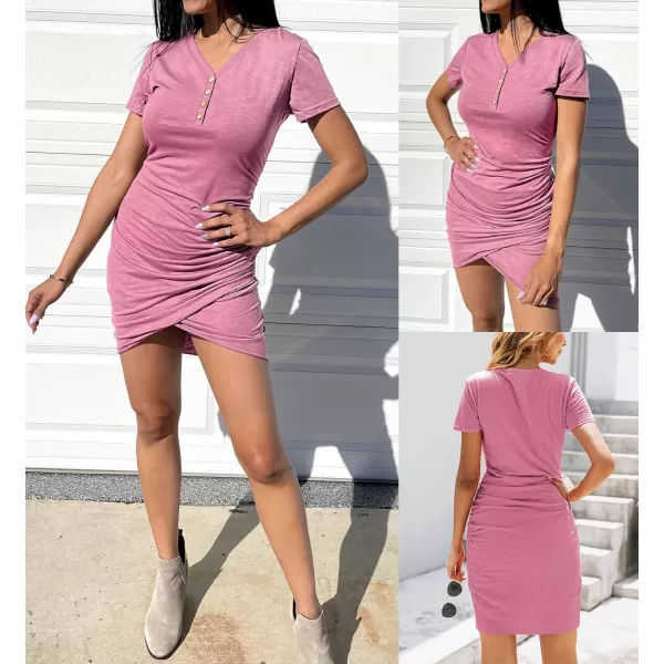 imageBTFBM Womens Summer Casual V Neck Short Sleeve Ruched Bodycon T Shirt Short Mini Dresses with ButtonsLight Red