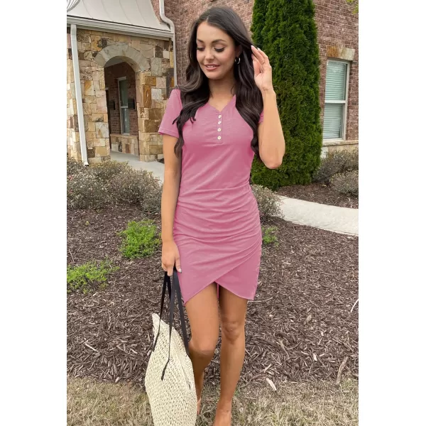 imageBTFBM Womens Summer Casual V Neck Short Sleeve Ruched Bodycon T Shirt Short Mini Dresses with ButtonsLight Red
