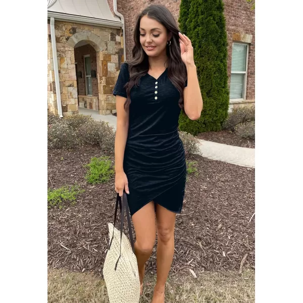 imageBTFBM Womens Summer Casual V Neck Short Sleeve Ruched Bodycon T Shirt Short Mini Dresses with ButtonsNavy