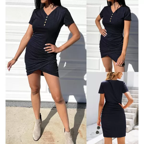 imageBTFBM Womens Summer Casual V Neck Short Sleeve Ruched Bodycon T Shirt Short Mini Dresses with ButtonsNavy