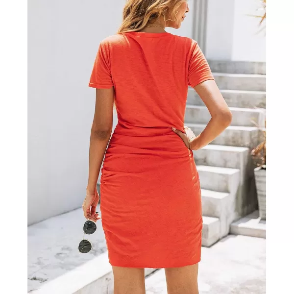 imageBTFBM Womens Summer Casual V Neck Short Sleeve Ruched Bodycon T Shirt Short Mini Dresses with ButtonsOrange Red