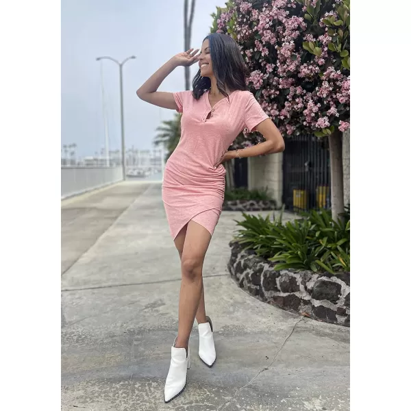 imageBTFBM Womens Summer Casual V Neck Short Sleeve Ruched Bodycon T Shirt Short Mini Dresses with ButtonsPink