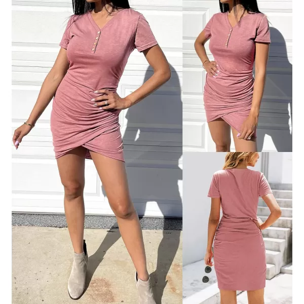 imageBTFBM Womens Summer Casual V Neck Short Sleeve Ruched Bodycon T Shirt Short Mini Dresses with ButtonsPink