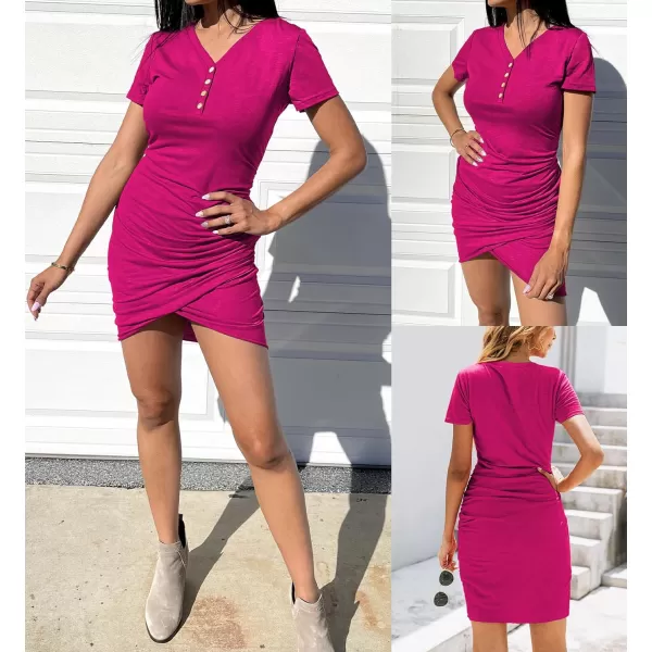 imageBTFBM Womens Summer Casual V Neck Short Sleeve Ruched Bodycon T Shirt Short Mini Dresses with ButtonsRose Red