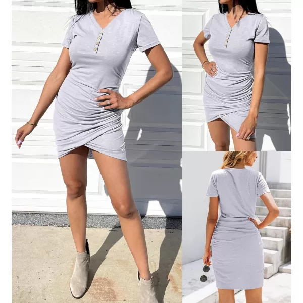 imageBTFBM Womens Summer Casual V Neck Short Sleeve Ruched Bodycon T Shirt Short Mini Dresses with ButtonsWhite
