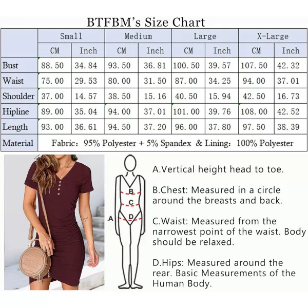imageBTFBM Womens Summer Casual V Neck Short Sleeve Ruched Bodycon T Shirt Short Mini Dresses with ButtonsWine Red