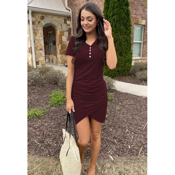 imageBTFBM Womens Summer Casual V Neck Short Sleeve Ruched Bodycon T Shirt Short Mini Dresses with ButtonsWine Red