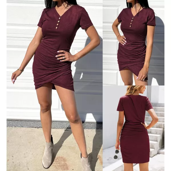 imageBTFBM Womens Summer Casual V Neck Short Sleeve Ruched Bodycon T Shirt Short Mini Dresses with ButtonsWine Red