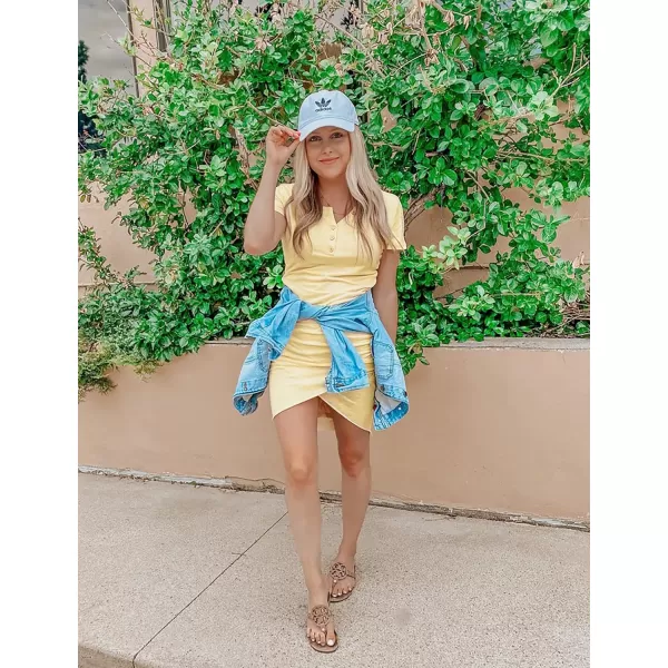 imageBTFBM Womens Summer Casual V Neck Short Sleeve Ruched Bodycon T Shirt Short Mini Dresses with ButtonsYellow