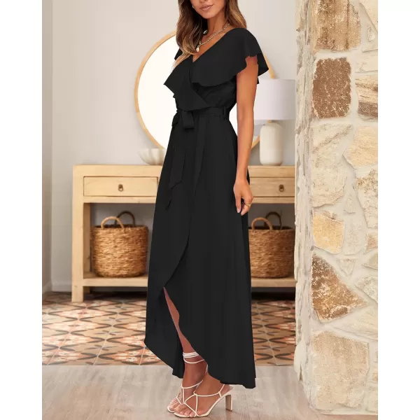 imageBTFBM Womens Summer Chiffon Maxi Dresses Deep V Neck Ruffle Short Sleeve Beach Party Cocktail Flowy Wrap Dress with BeltSolid Black