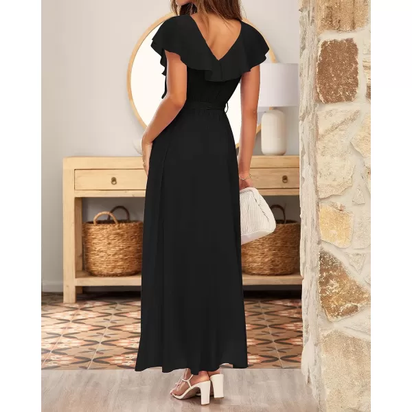 imageBTFBM Womens Summer Chiffon Maxi Dresses Deep V Neck Ruffle Short Sleeve Beach Party Cocktail Flowy Wrap Dress with BeltSolid Black
