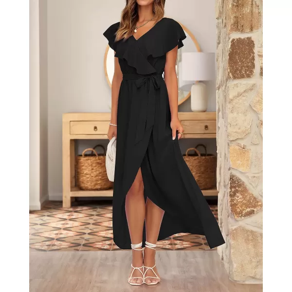 imageBTFBM Womens Summer Chiffon Maxi Dresses Deep V Neck Ruffle Short Sleeve Beach Party Cocktail Flowy Wrap Dress with BeltSolid Black