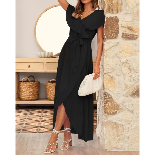 imageBTFBM Womens Summer Chiffon Maxi Dresses Deep V Neck Ruffle Short Sleeve Beach Party Cocktail Flowy Wrap Dress with BeltSolid Black