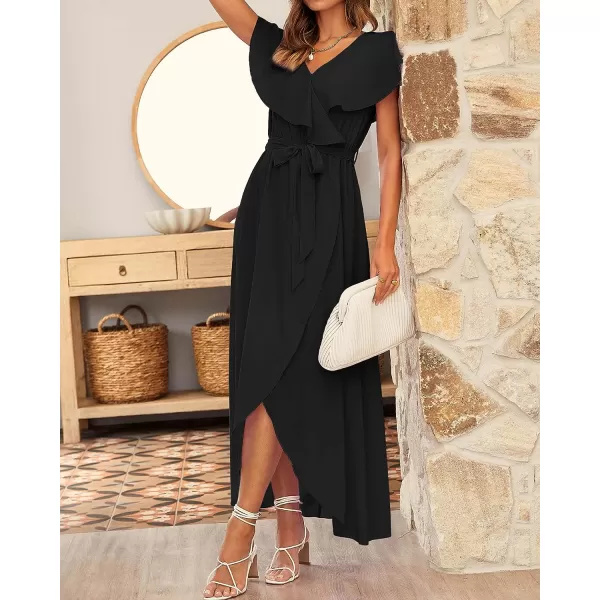 imageBTFBM Womens Summer Chiffon Maxi Dresses Deep V Neck Ruffle Short Sleeve Beach Party Cocktail Flowy Wrap Dress with BeltSolid Black