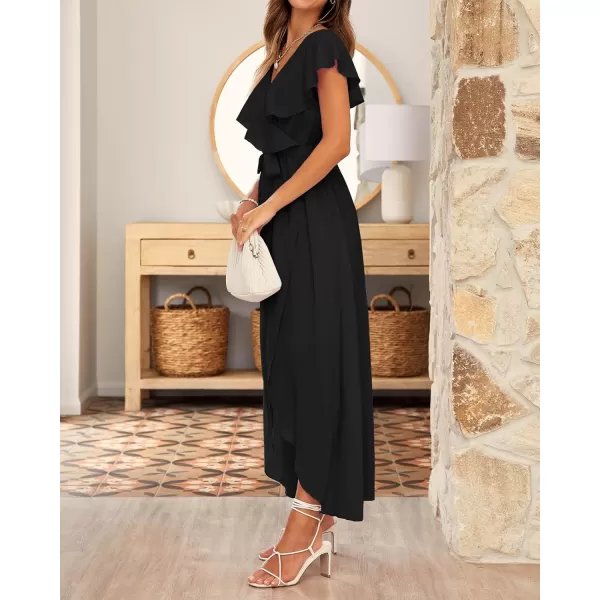 imageBTFBM Womens Summer Chiffon Maxi Dresses Deep V Neck Ruffle Short Sleeve Beach Party Cocktail Flowy Wrap Dress with BeltSolid Black
