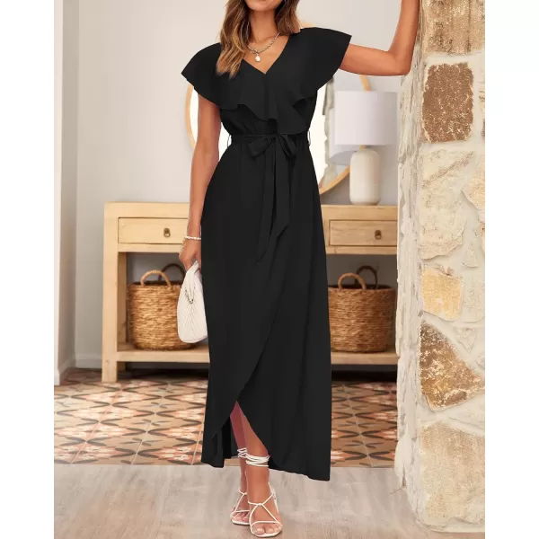 imageBTFBM Womens Summer Chiffon Maxi Dresses Deep V Neck Ruffle Short Sleeve Beach Party Cocktail Flowy Wrap Dress with BeltSolid Black