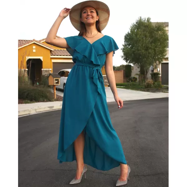 imageBTFBM Womens Summer Chiffon Maxi Dresses Deep V Neck Ruffle Short Sleeve Beach Party Cocktail Flowy Wrap Dress with BeltSolid Dark Blue