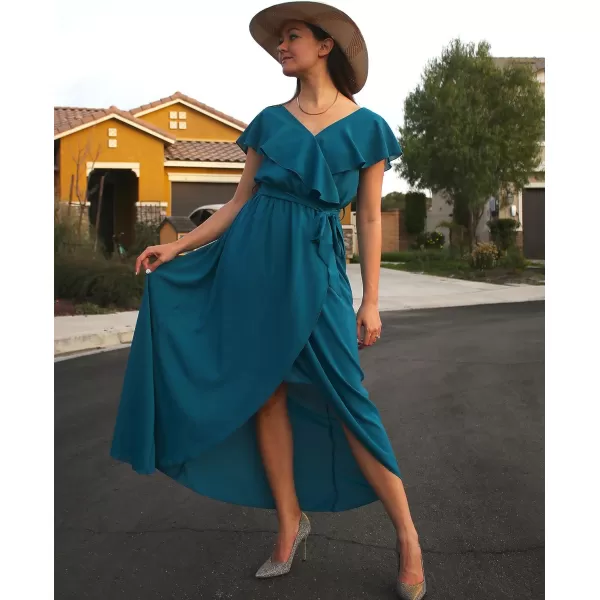 imageBTFBM Womens Summer Chiffon Maxi Dresses Deep V Neck Ruffle Short Sleeve Beach Party Cocktail Flowy Wrap Dress with BeltSolid Dark Blue