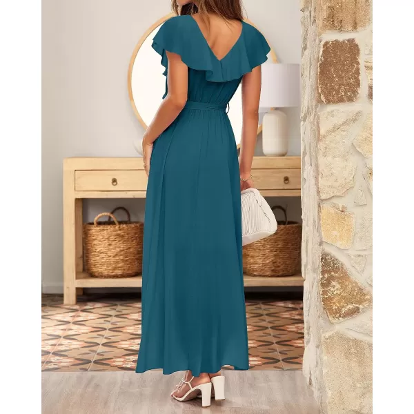 imageBTFBM Womens Summer Chiffon Maxi Dresses Deep V Neck Ruffle Short Sleeve Beach Party Cocktail Flowy Wrap Dress with BeltSolid Dark Blue