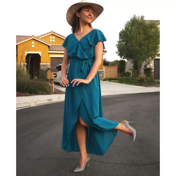 imageBTFBM Womens Summer Chiffon Maxi Dresses Deep V Neck Ruffle Short Sleeve Beach Party Cocktail Flowy Wrap Dress with BeltSolid Dark Blue