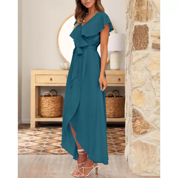 imageBTFBM Womens Summer Chiffon Maxi Dresses Deep V Neck Ruffle Short Sleeve Beach Party Cocktail Flowy Wrap Dress with BeltSolid Dark Blue