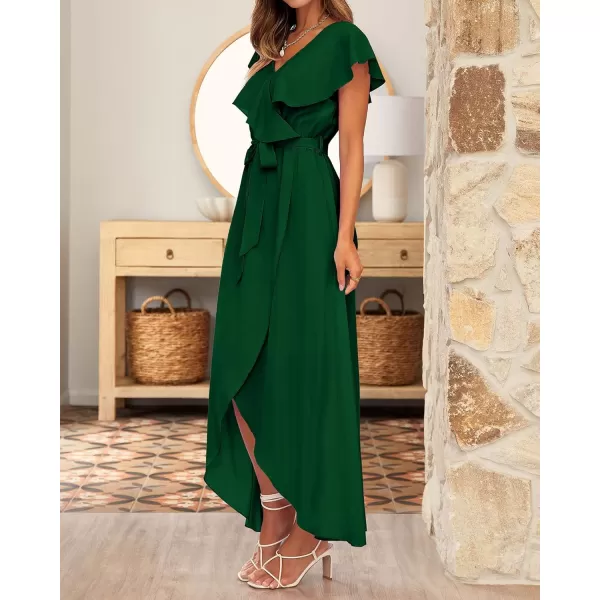 imageBTFBM Womens Summer Chiffon Maxi Dresses Deep V Neck Ruffle Short Sleeve Beach Party Cocktail Flowy Wrap Dress with BeltSolid Dark Green