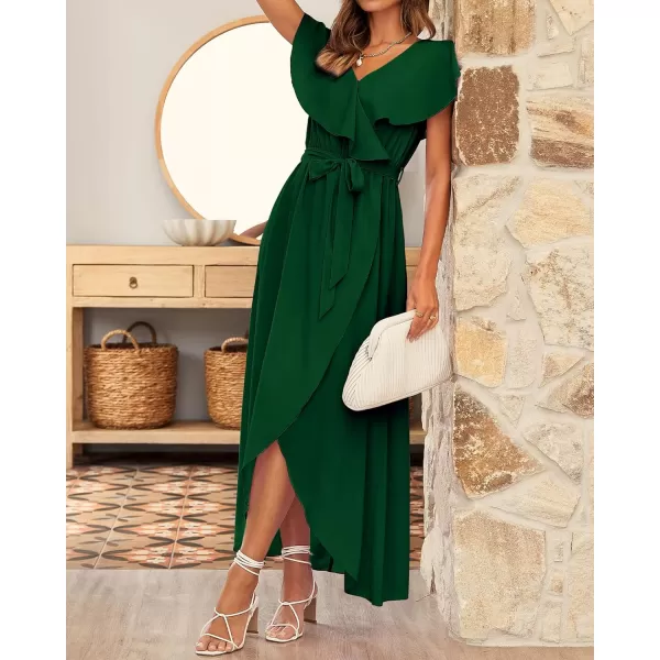 imageBTFBM Womens Summer Chiffon Maxi Dresses Deep V Neck Ruffle Short Sleeve Beach Party Cocktail Flowy Wrap Dress with BeltSolid Dark Green