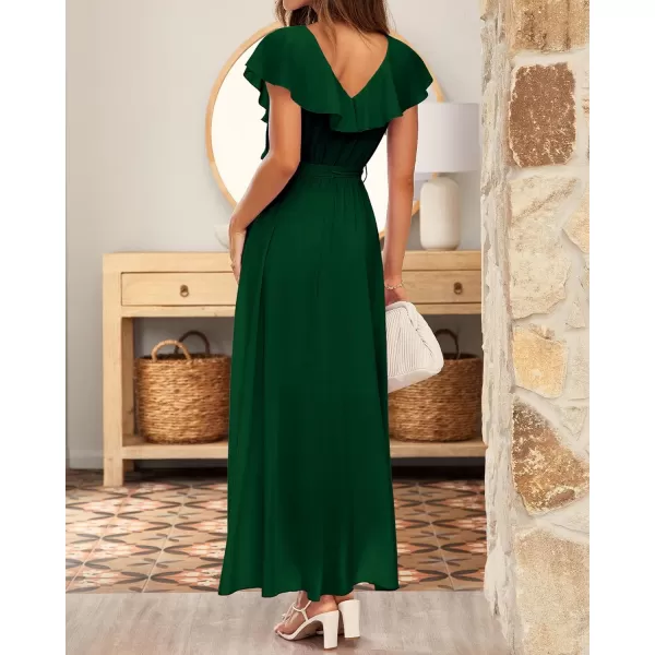 imageBTFBM Womens Summer Chiffon Maxi Dresses Deep V Neck Ruffle Short Sleeve Beach Party Cocktail Flowy Wrap Dress with BeltSolid Dark Green