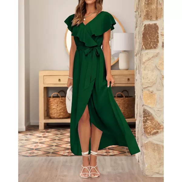 imageBTFBM Womens Summer Chiffon Maxi Dresses Deep V Neck Ruffle Short Sleeve Beach Party Cocktail Flowy Wrap Dress with BeltSolid Dark Green