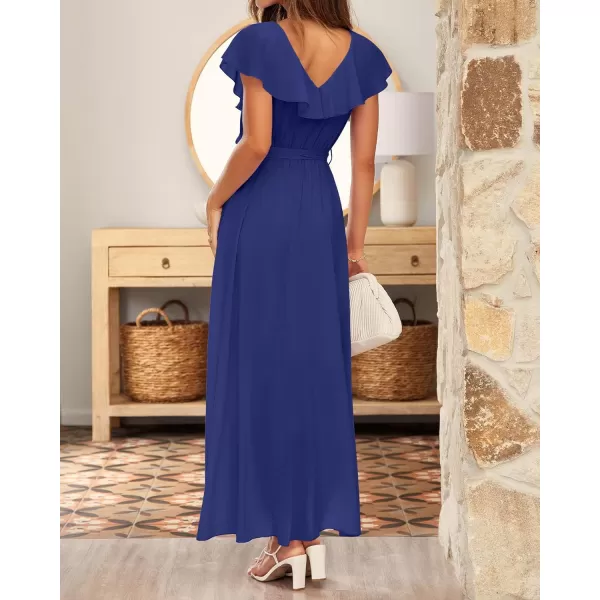 imageBTFBM Womens Summer Chiffon Maxi Dresses Deep V Neck Ruffle Short Sleeve Beach Party Cocktail Flowy Wrap Dress with BeltSolid Dark Royal Blue