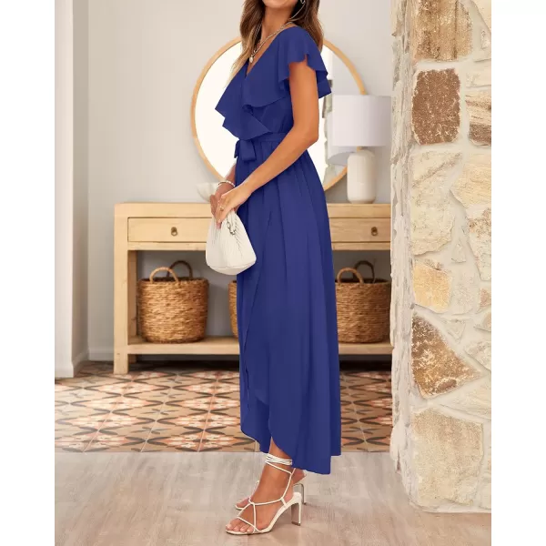 imageBTFBM Womens Summer Chiffon Maxi Dresses Deep V Neck Ruffle Short Sleeve Beach Party Cocktail Flowy Wrap Dress with BeltSolid Dark Royal Blue