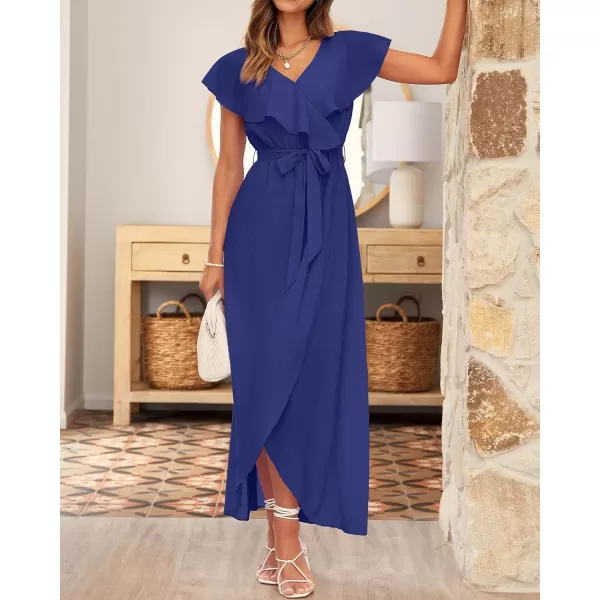 imageBTFBM Womens Summer Chiffon Maxi Dresses Deep V Neck Ruffle Short Sleeve Beach Party Cocktail Flowy Wrap Dress with BeltSolid Dark Royal Blue