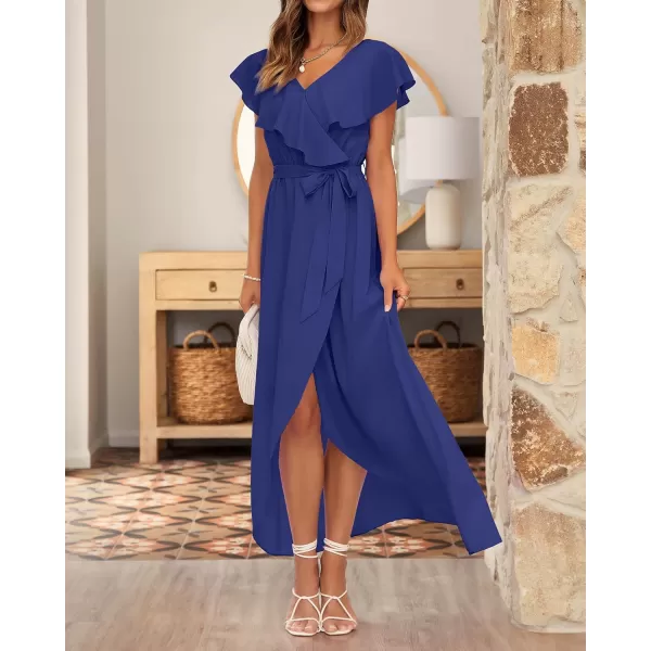 imageBTFBM Womens Summer Chiffon Maxi Dresses Deep V Neck Ruffle Short Sleeve Beach Party Cocktail Flowy Wrap Dress with BeltSolid Dark Royal Blue