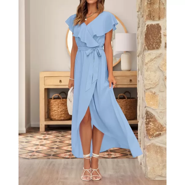 imageBTFBM Womens Summer Chiffon Maxi Dresses Deep V Neck Ruffle Short Sleeve Beach Party Cocktail Flowy Wrap Dress with BeltSolid Light Blue