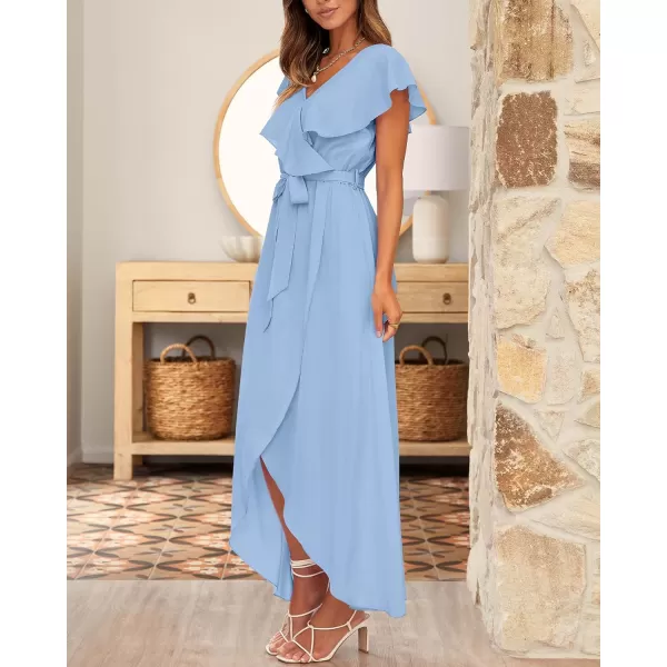 imageBTFBM Womens Summer Chiffon Maxi Dresses Deep V Neck Ruffle Short Sleeve Beach Party Cocktail Flowy Wrap Dress with BeltSolid Light Blue