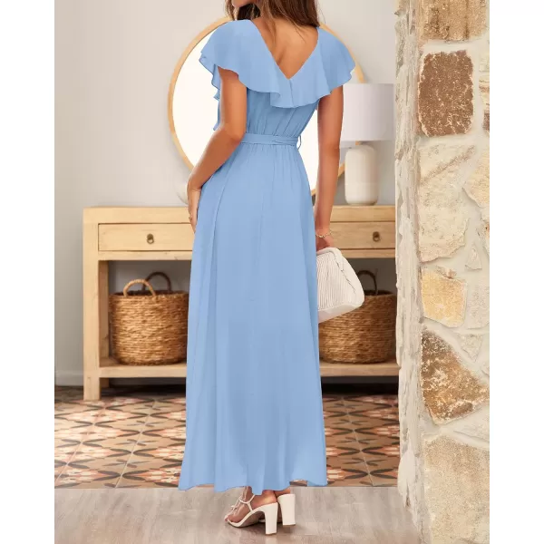 imageBTFBM Womens Summer Chiffon Maxi Dresses Deep V Neck Ruffle Short Sleeve Beach Party Cocktail Flowy Wrap Dress with BeltSolid Light Blue