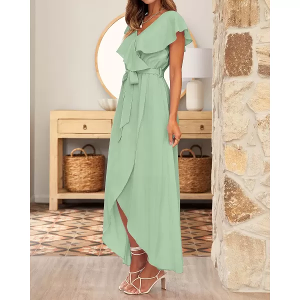imageBTFBM Womens Summer Chiffon Maxi Dresses Deep V Neck Ruffle Short Sleeve Beach Party Cocktail Flowy Wrap Dress with BeltSolid Light Green