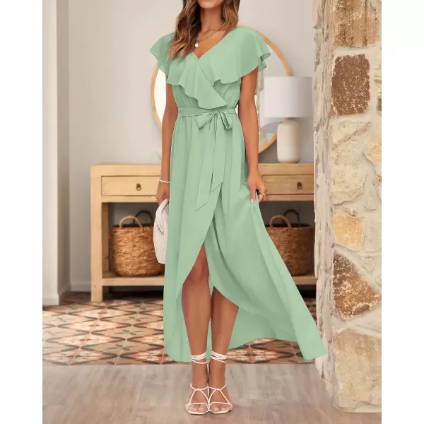 imageBTFBM Womens Summer Chiffon Maxi Dresses Deep V Neck Ruffle Short Sleeve Beach Party Cocktail Flowy Wrap Dress with BeltSolid Light Green