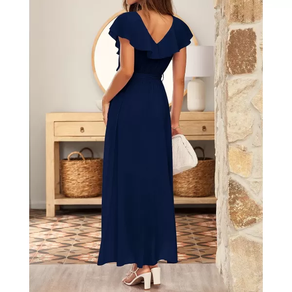 imageBTFBM Womens Summer Chiffon Maxi Dresses Deep V Neck Ruffle Short Sleeve Beach Party Cocktail Flowy Wrap Dress with BeltSolid Navy