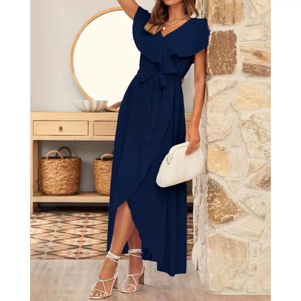 imageBTFBM Womens Summer Chiffon Maxi Dresses Deep V Neck Ruffle Short Sleeve Beach Party Cocktail Flowy Wrap Dress with BeltSolid Navy