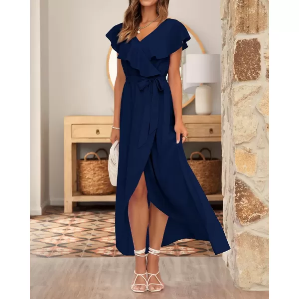 imageBTFBM Womens Summer Chiffon Maxi Dresses Deep V Neck Ruffle Short Sleeve Beach Party Cocktail Flowy Wrap Dress with BeltSolid Navy